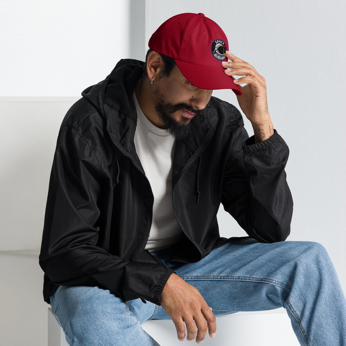 Ronas Design Space Explorer Hat Right Front View on Men Model in Cranberry