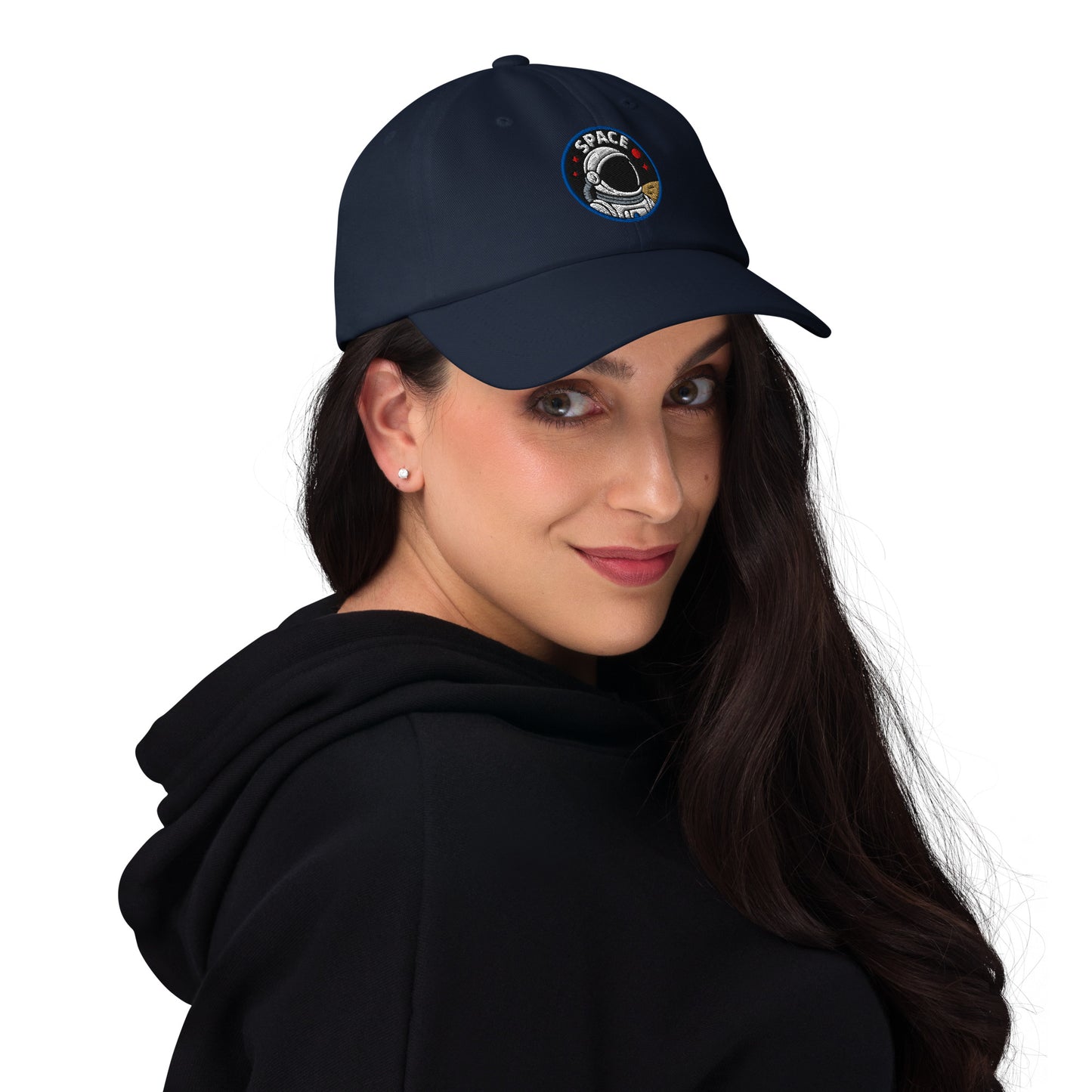 Ronas Design Space Explorer Hat Right Front View on Women Model in Navy