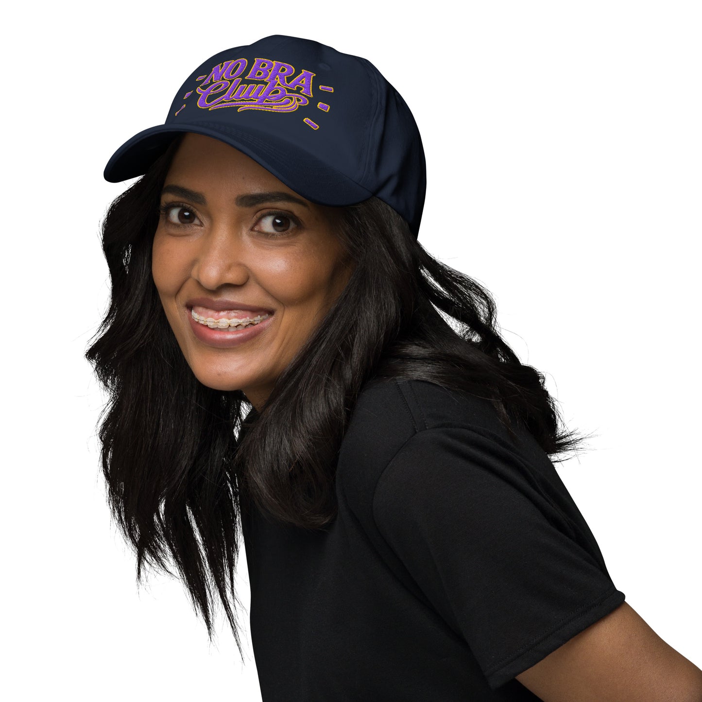 Ronas Design No Bra Club Hat Left Front View on Women Model in Navy