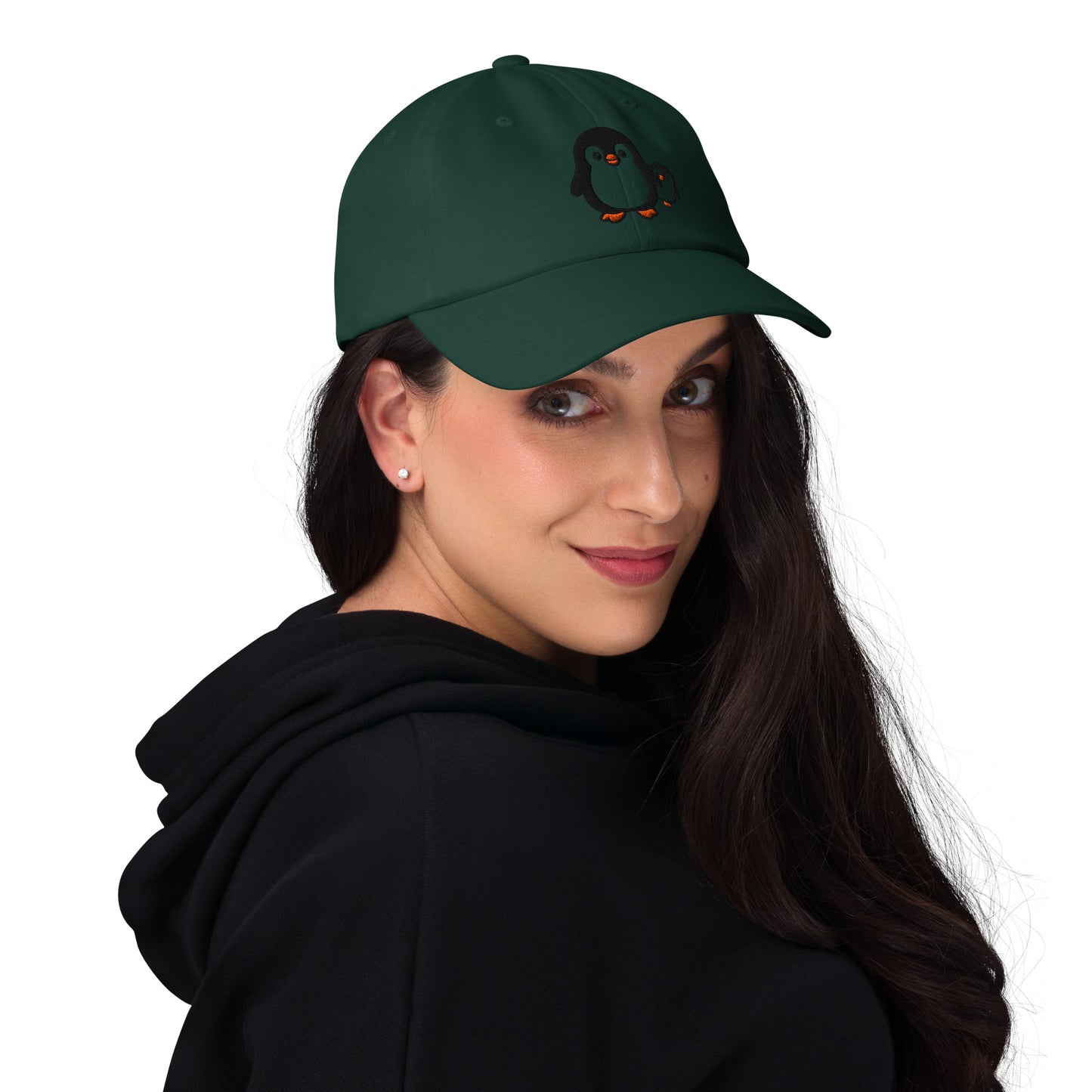 Ronas Design Penguin Duo Hat Front View on Women Model in Spruce