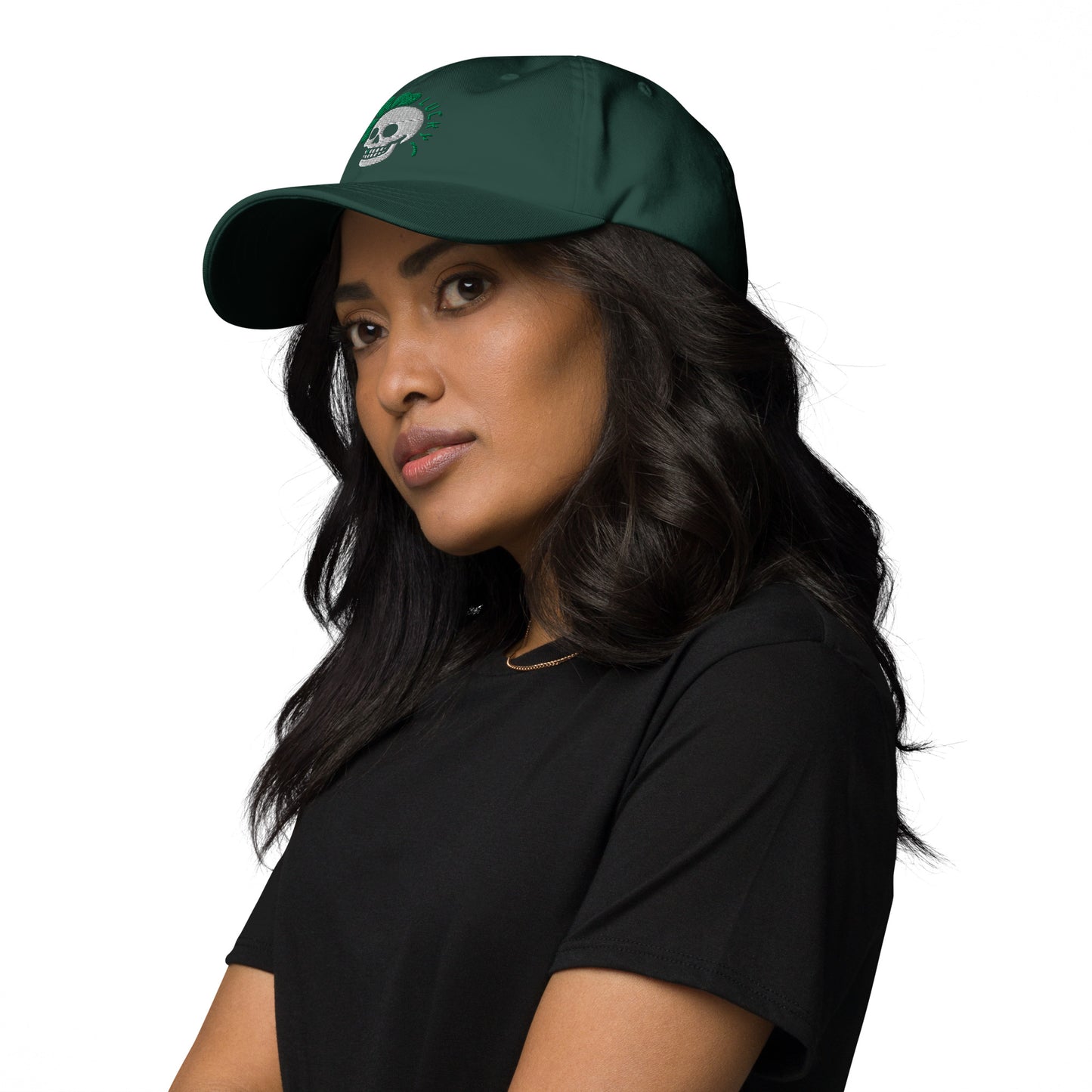 Ronas Design Clover Skull Hat Left Front View on Women Model in Spruce