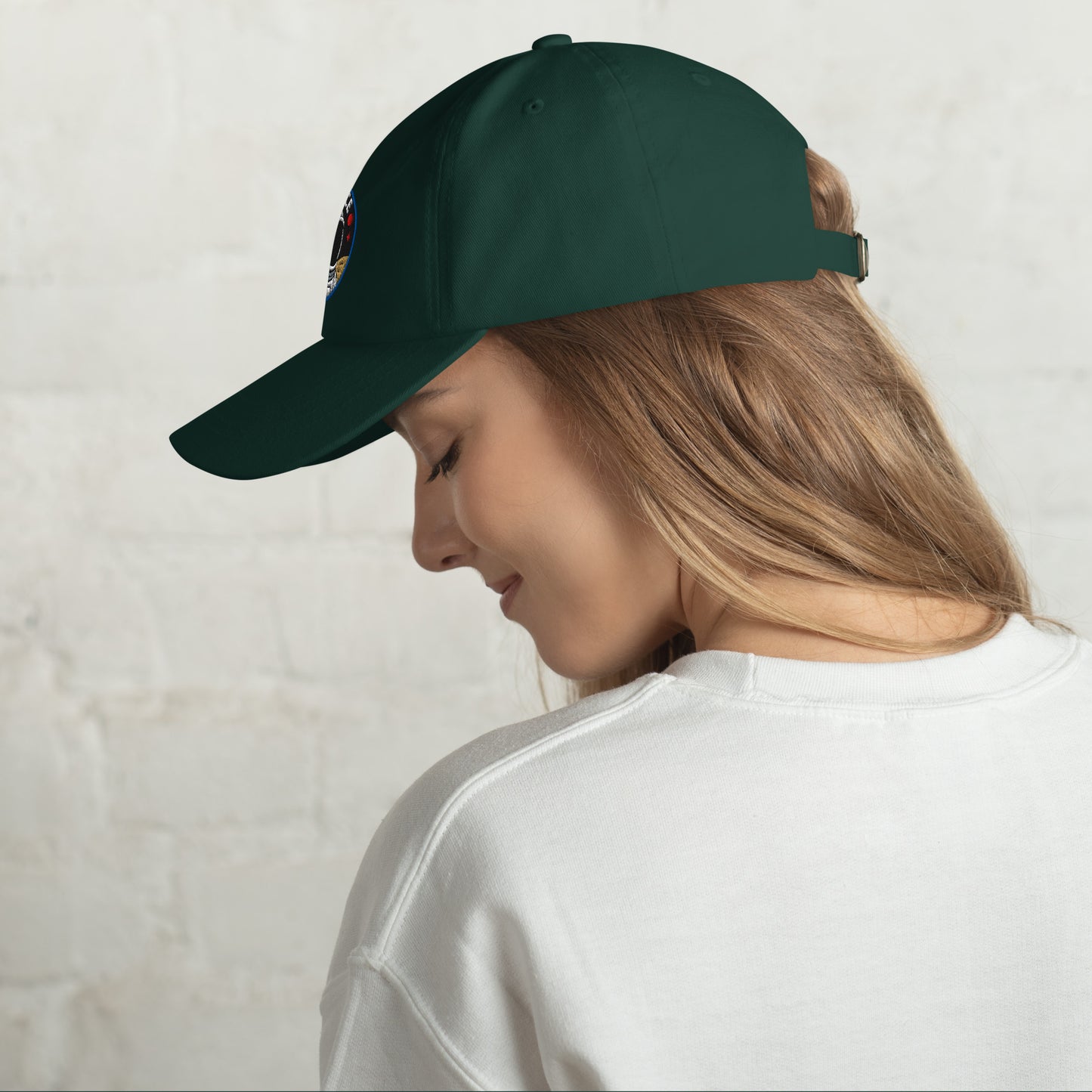 Ronas Design Space Explorer Hat Left View on Women Model in Spruce