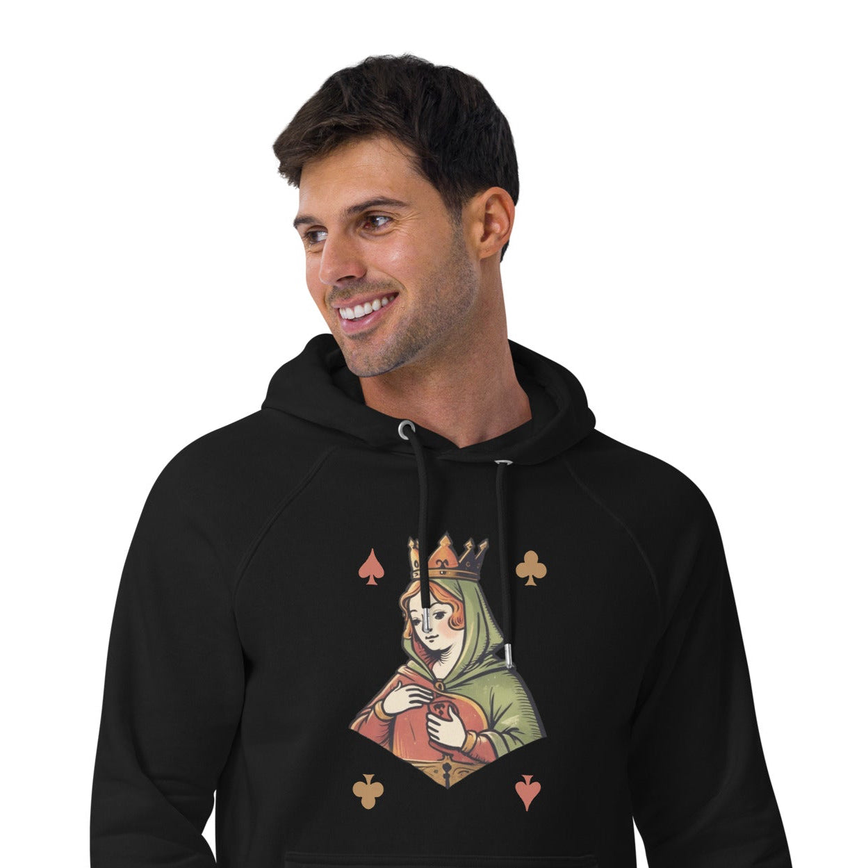 Ronas Design Queen of Cards Hoodie Front View on Men Model in Black