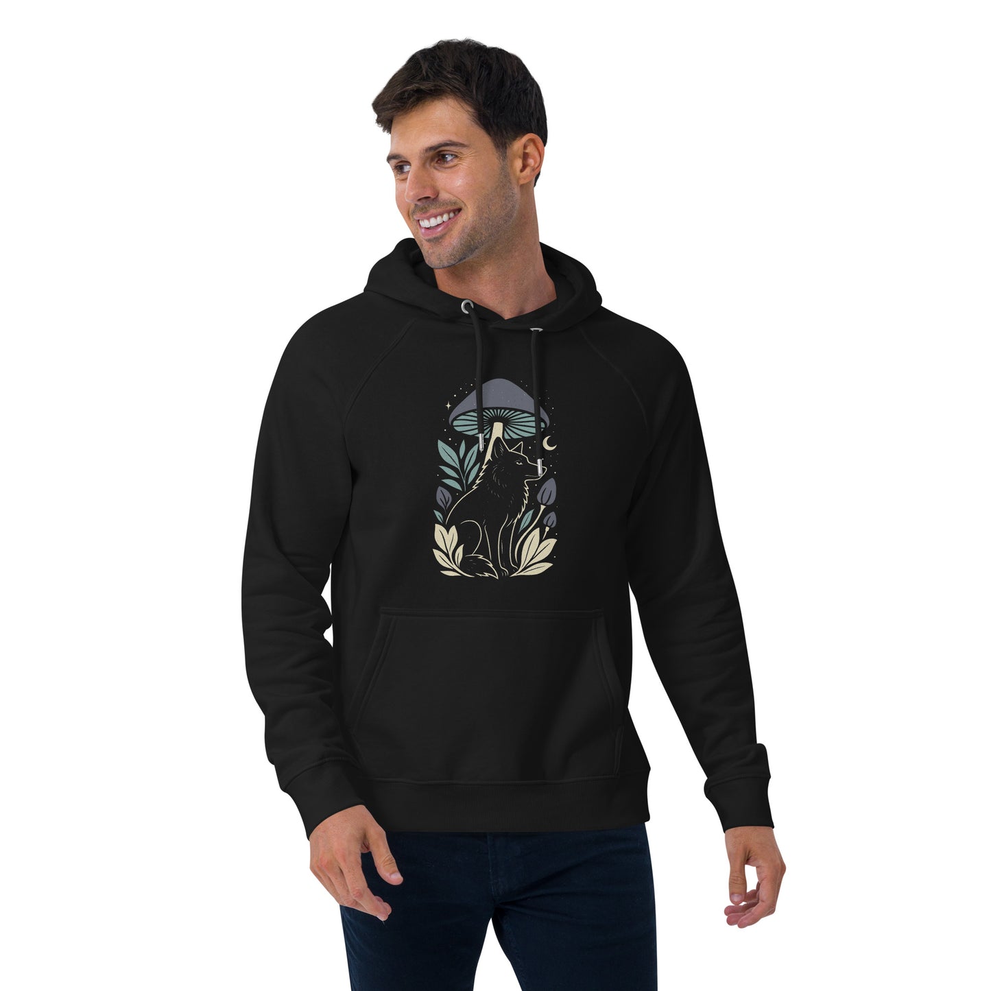 Ronas Design Mystic Wolf Hoodie Front View on Men Model in Black