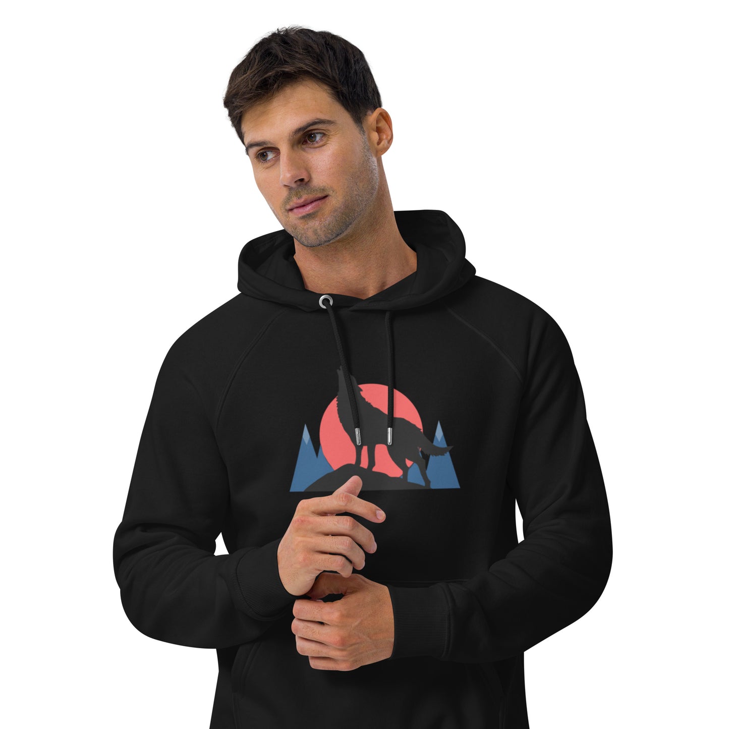 Ronas Design Sunset Wolf Howl Hoodie Front View on Men Model in Black