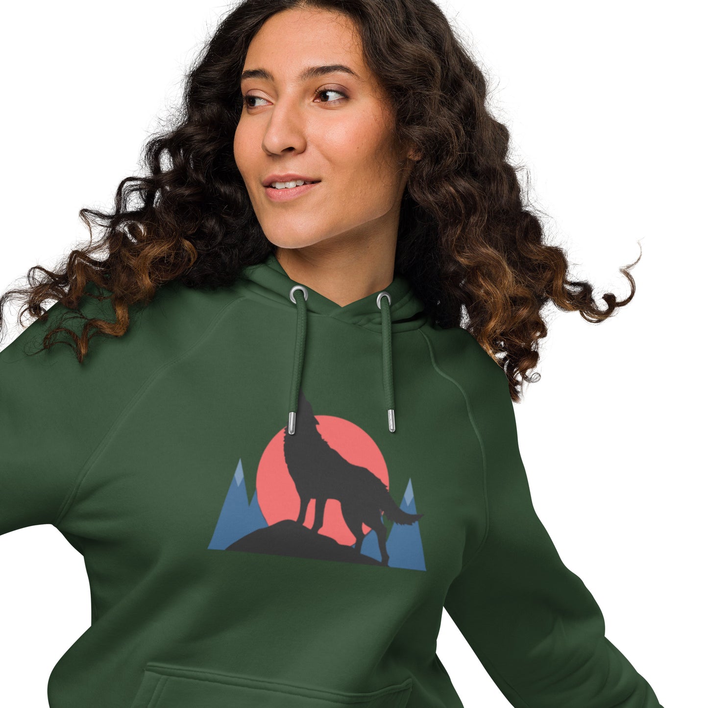 Ronas Design Sunset Wolf Howl Hoodie Front View on Women Model in Bottle Green
