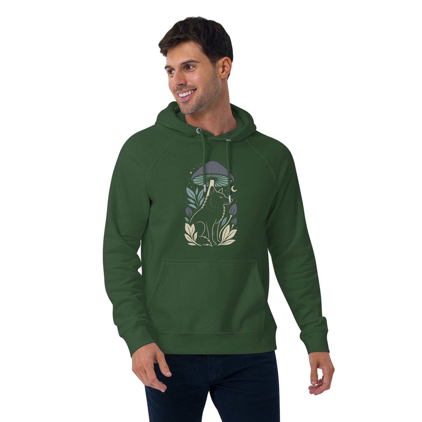 Ronas Design Mystic Wolf Hoodie Front View on Men Model in Bottle Green