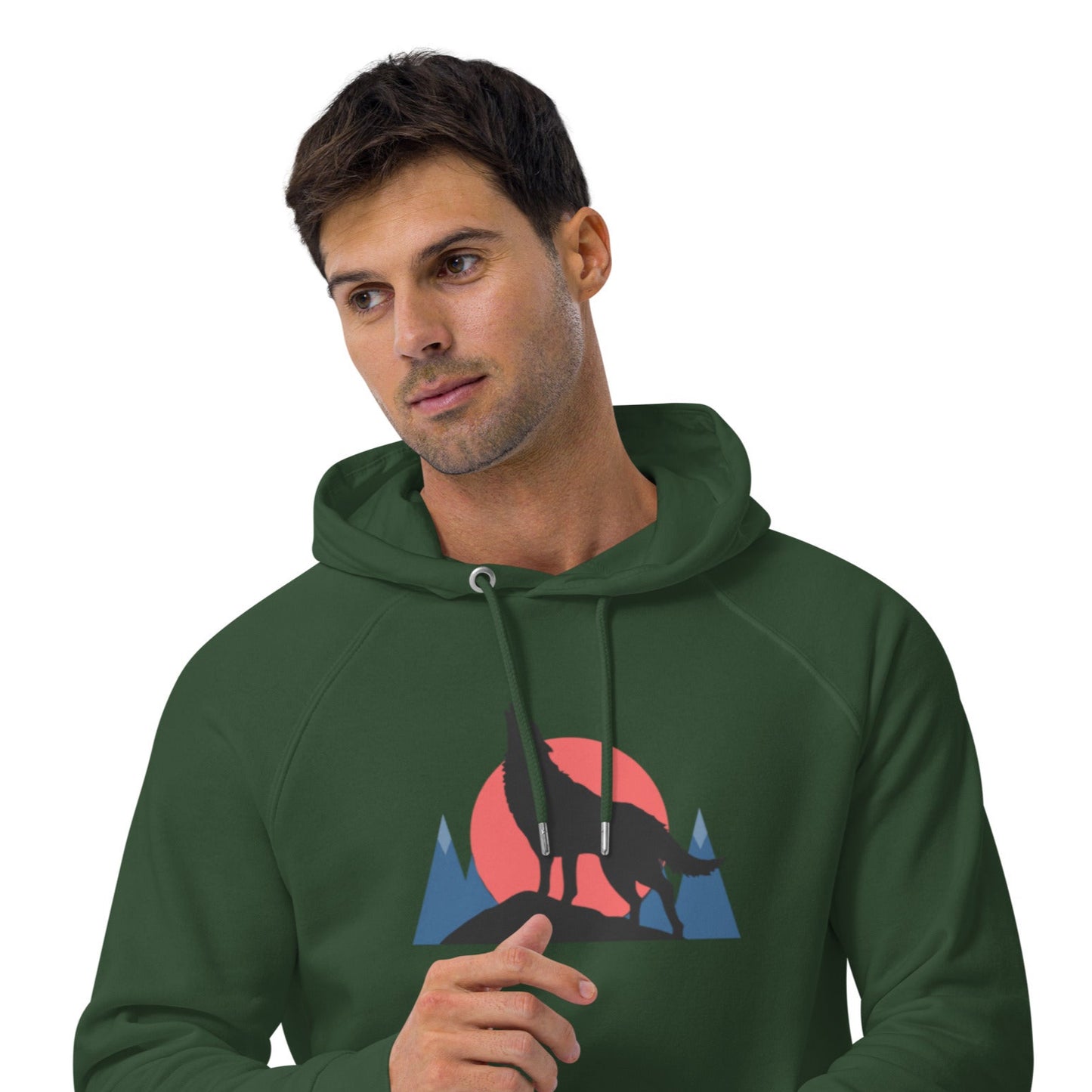 Ronas Design Sunset Wolf Howl Hoodie Front View on Men Model in Bottle Green