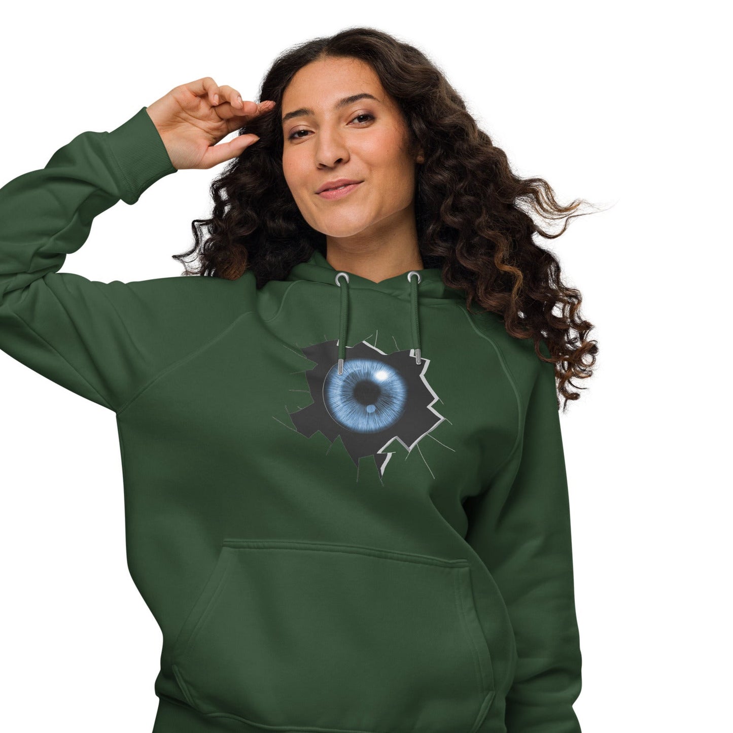 Ronas Design Cracked Reality Eye Hoodie Front View on Women Model in Bottle Green