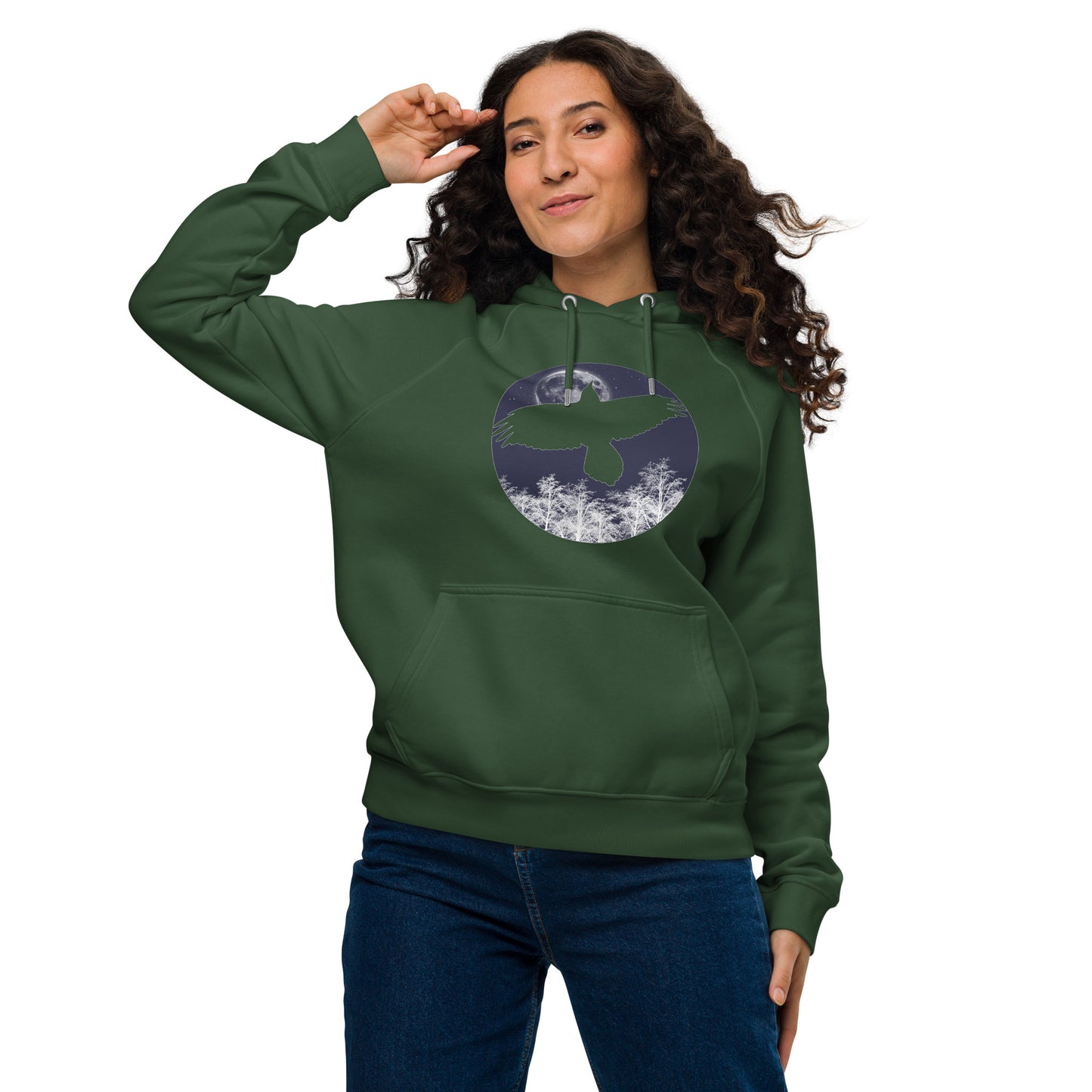 Ronas Design Midnight Moon Hoodie Front View on Women Model in Bottle Green