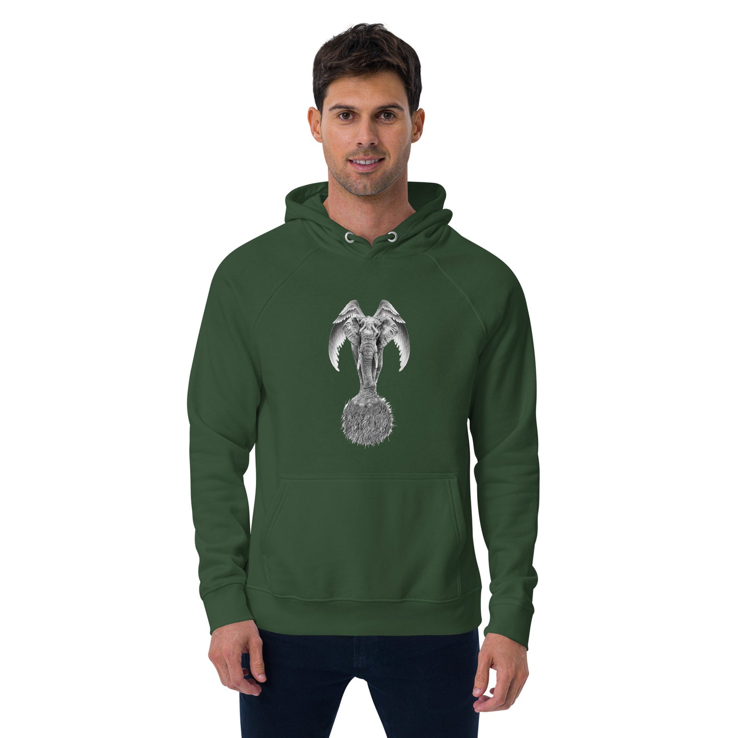 Ronas Design Elephant Ascend Hoodie Front View on Men Model in Bottle Ascend