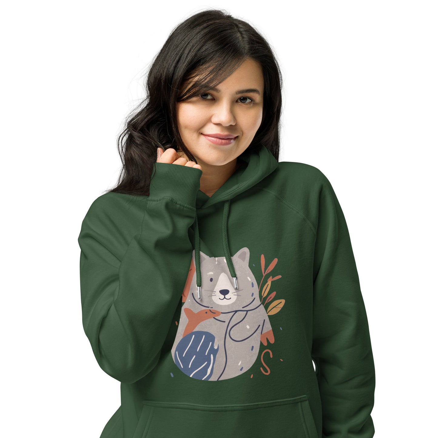 Ronas Design Cute Wombat and Friends Hoodie Front View on Women Model in Bottle Green