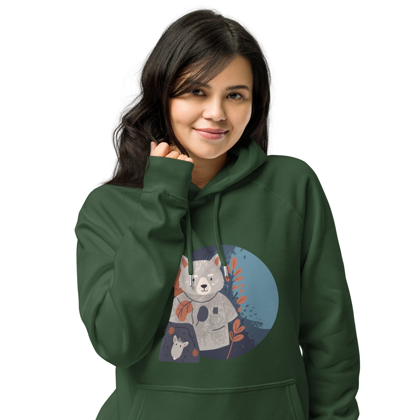 Ronas Design Wombat Explorer Hoodie Front View on Women Model in Bottle Green