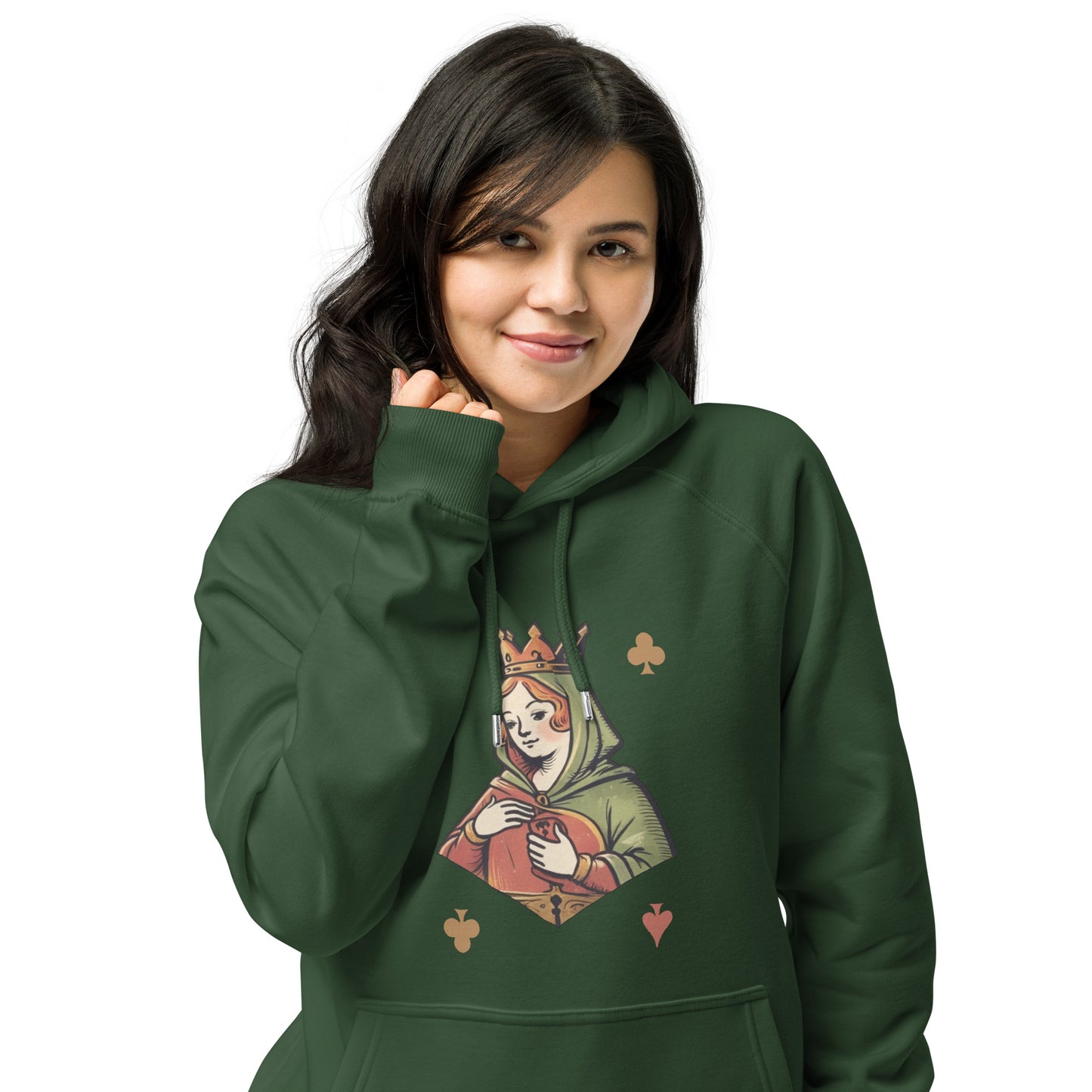 Ronas Design Queen of Cards Hoodie Front View on Women Model in Bottle Green