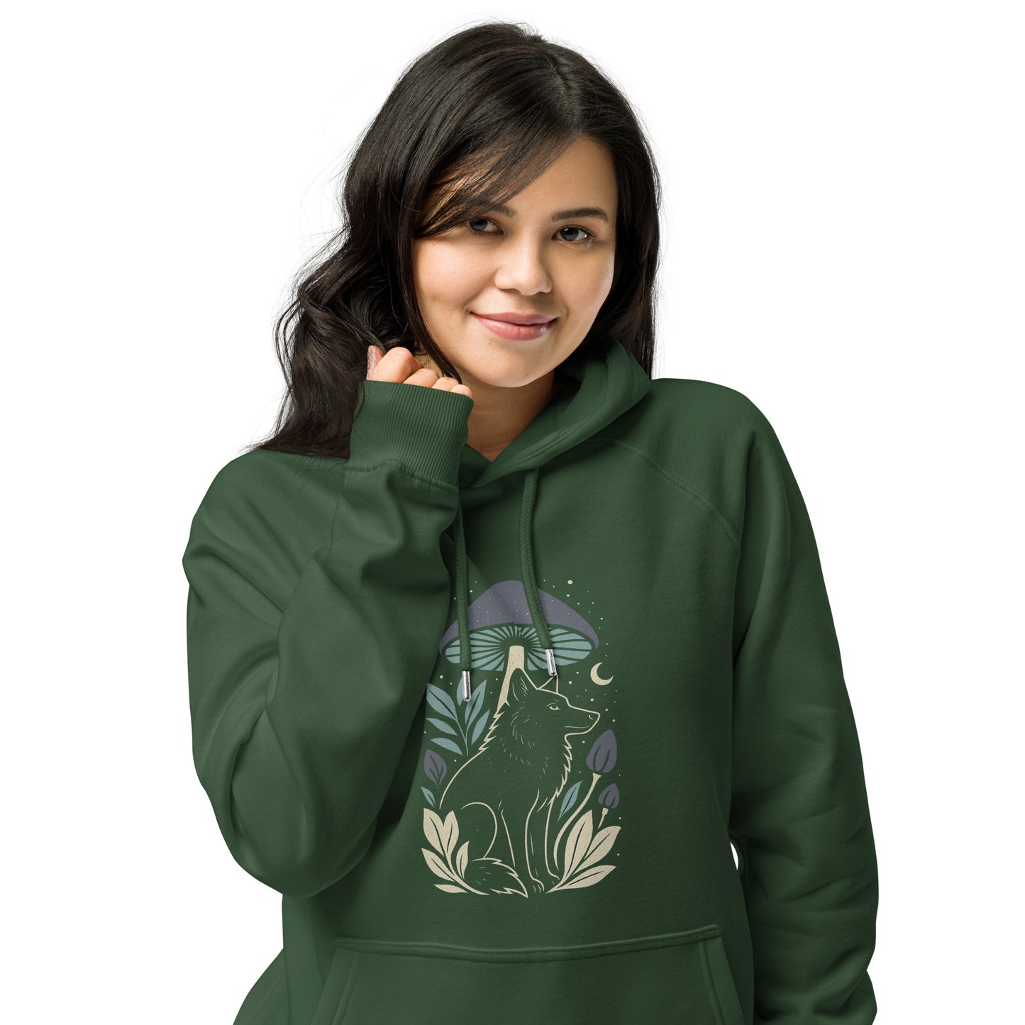 Ronas Design Mystic Wolf Hoodie Front View on Women Model in Bottle Green