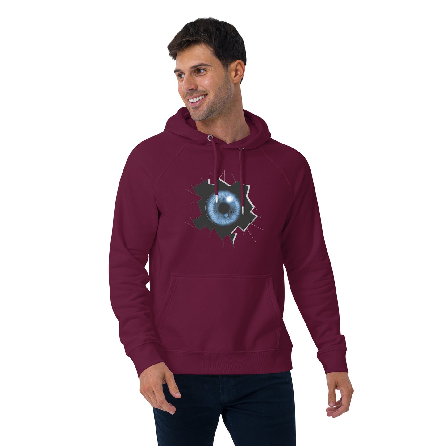 Ronas Design Cracked Reality Eye Hoodie Front View on Men Model in Burgundy