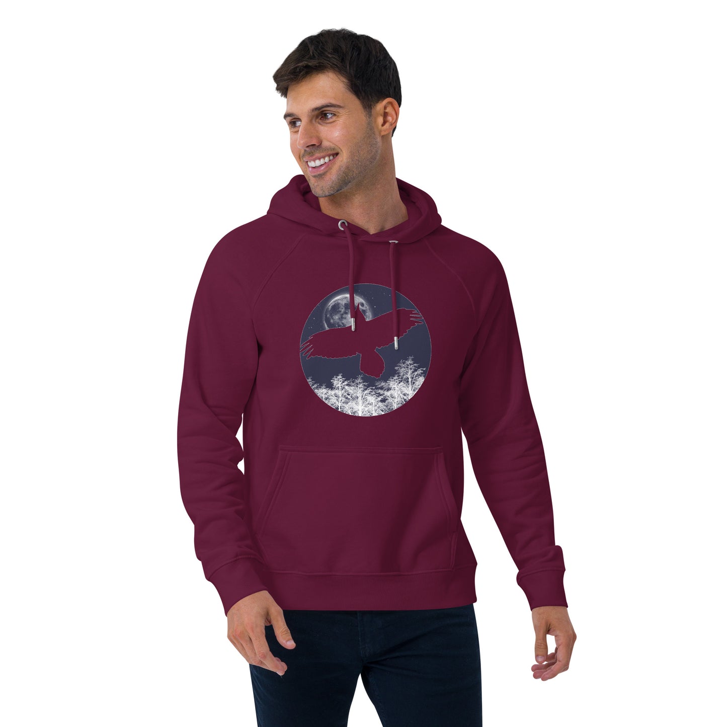 Ronas Design Midnight Moon Hoodie Front View on Men Model in Burgundy