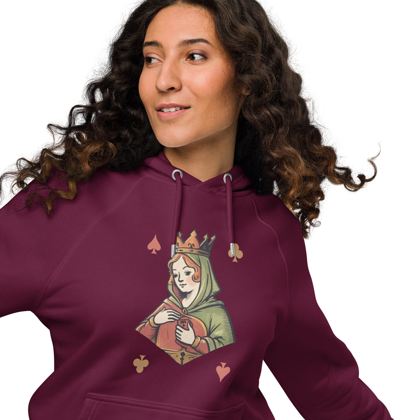Ronas Design Queen of Cards Hoodie Front View on Women Model in Burgundy