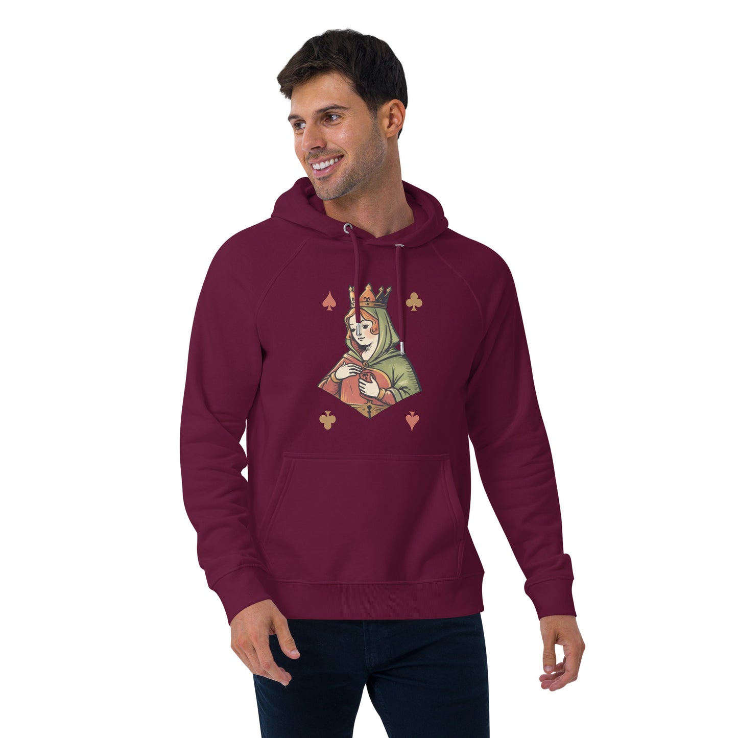 Ronas Design Queen of Cards Hoodie Front View on Men Model in Burgundy