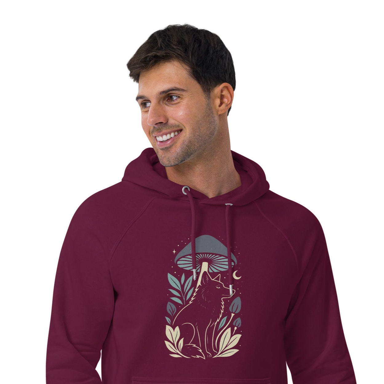 Ronas Design Mystic Wolf Hoodie Front View on Men Model in Burgundy