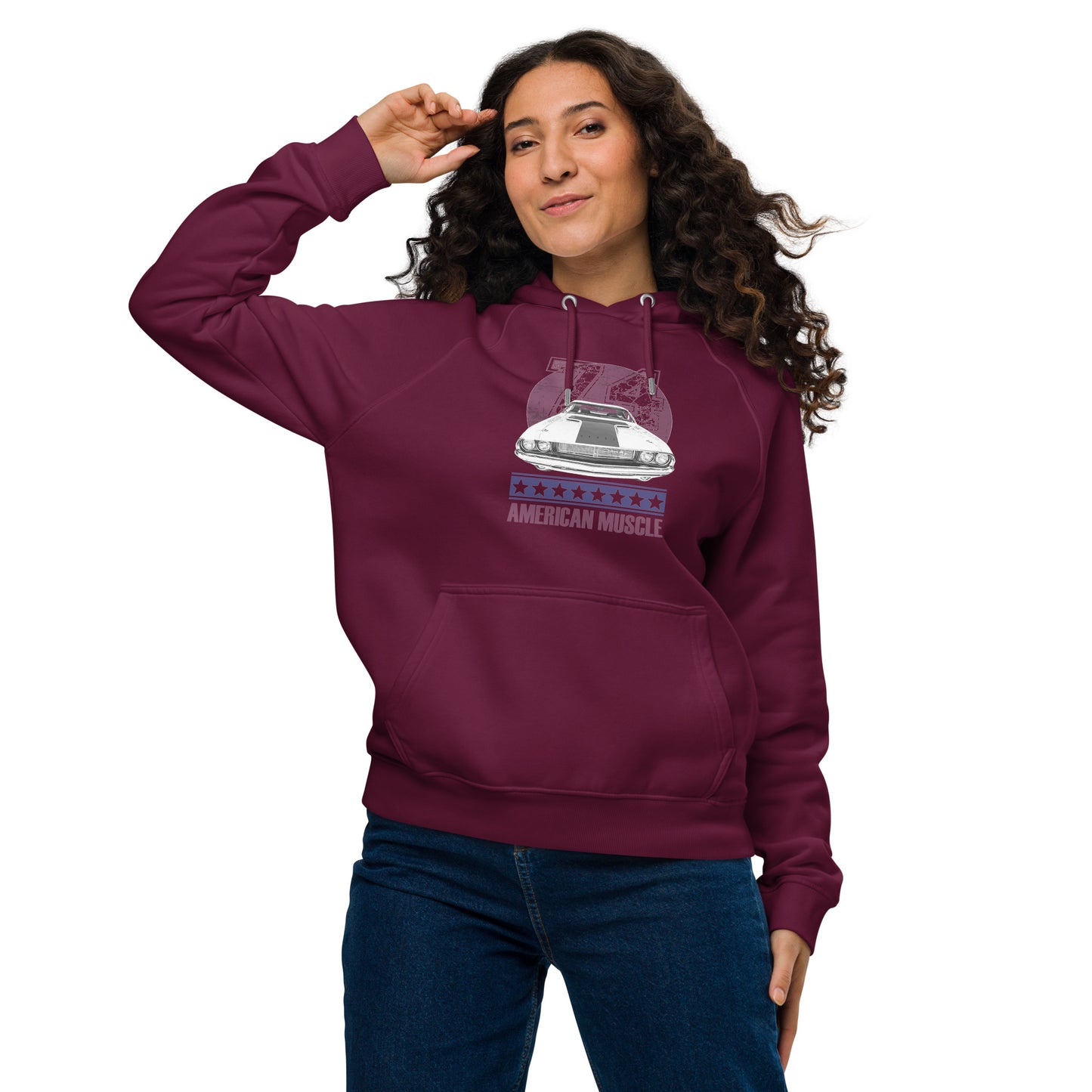 Ronas Design American Muscle Hoodie Front View on Women Model in Burgundy