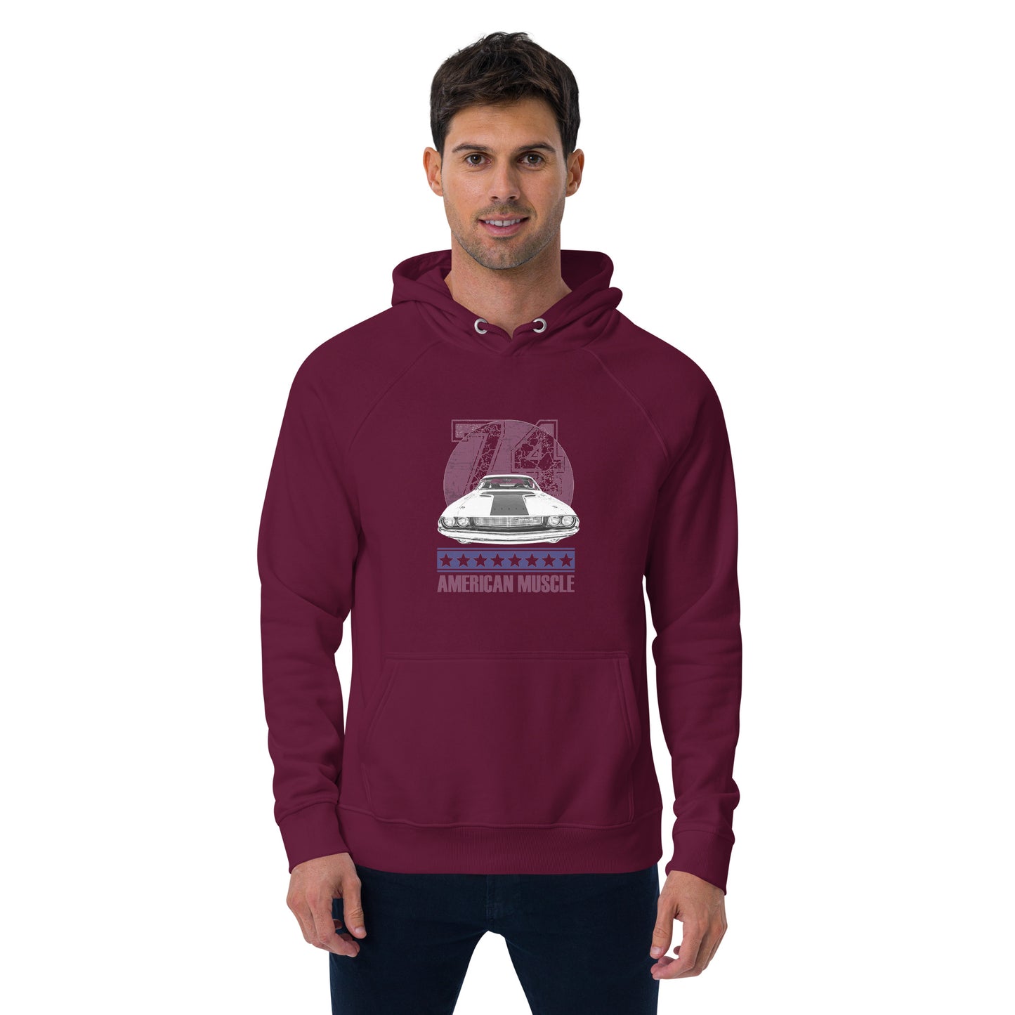 Ronas Design American Muscle Hoodie Front View on Men Model in Burgundy