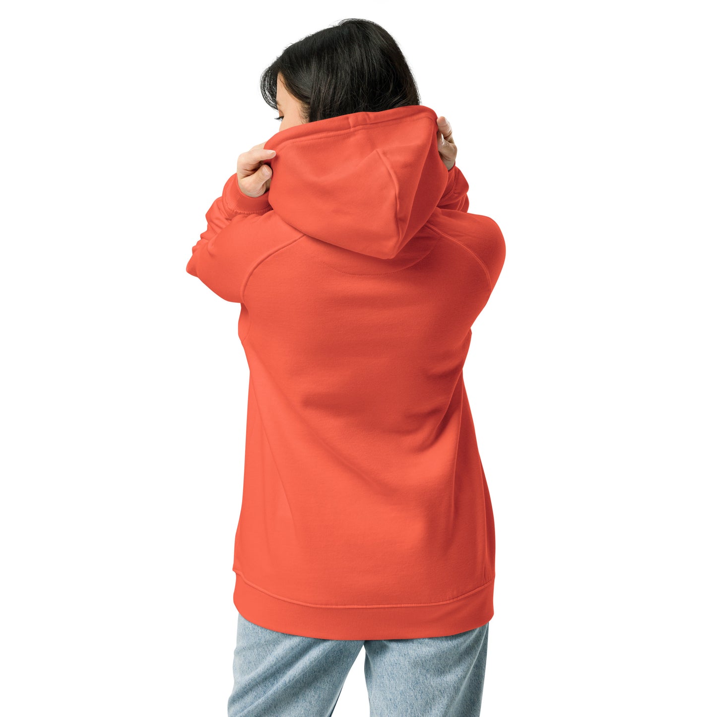 Ronas Design Cracked Reality Eye Hoodie Back View on Women Model in Burnt Orange