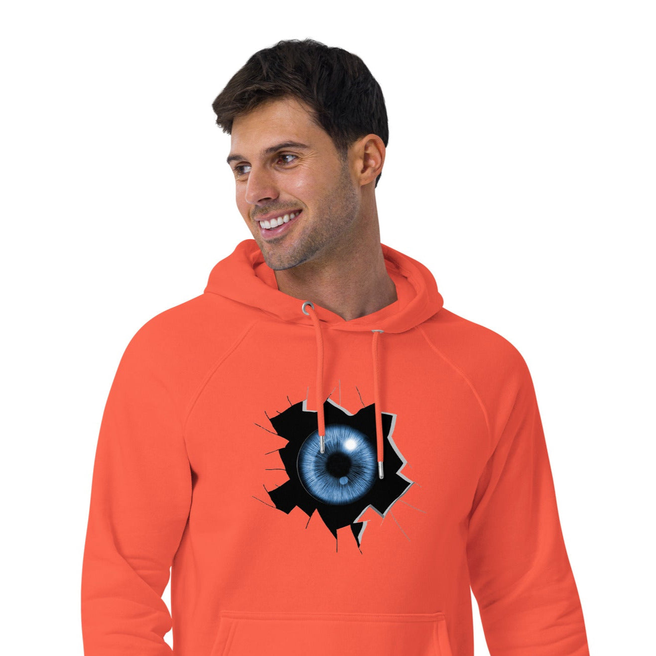 Ronas Design Cracked Reality Eye Hoodie Front View on Men Model in Burnt Orange
