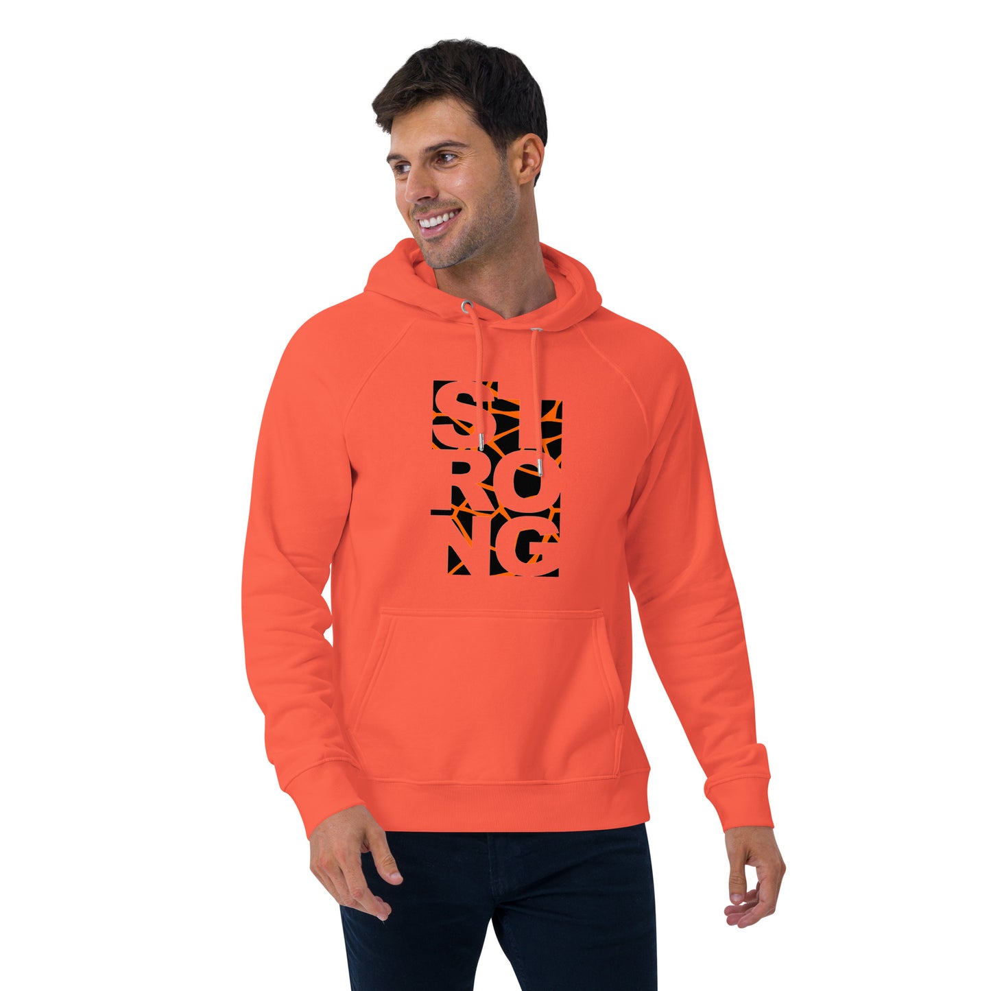 Ronas Design Strong Vibe Hoodie Front View on Men Model in Burnt Orange