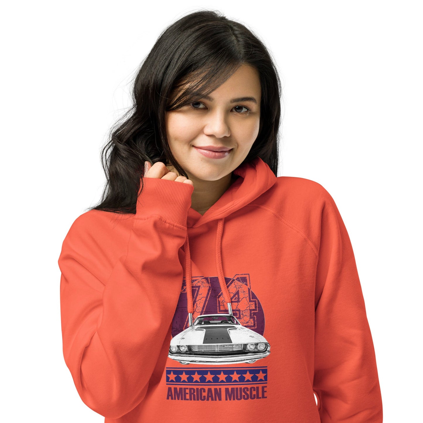Ronas Design American Muscle Hoodie Front View on Women Model in Burnt Orange