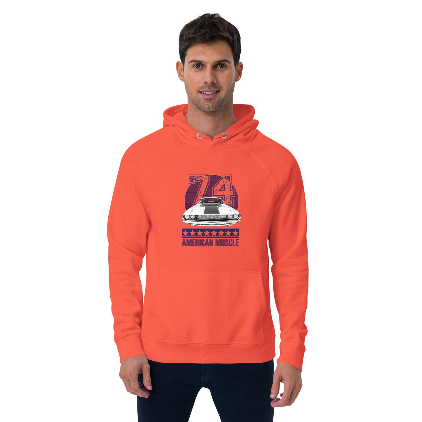 Ronas Design American Muscle Hoodie Front View on Men Model in Burnt Orange