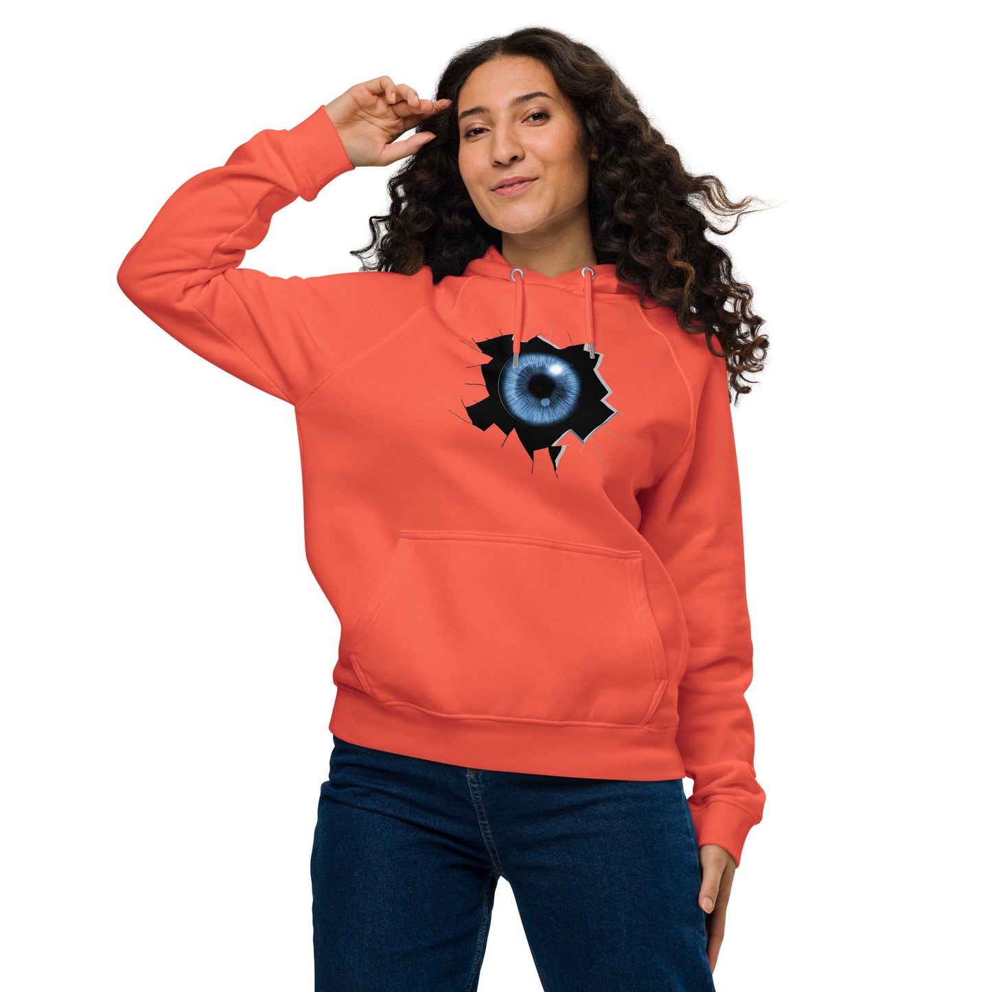 Ronas Design Cracked Reality Eye Hoodie Front View on Women Model in Burnt Orange