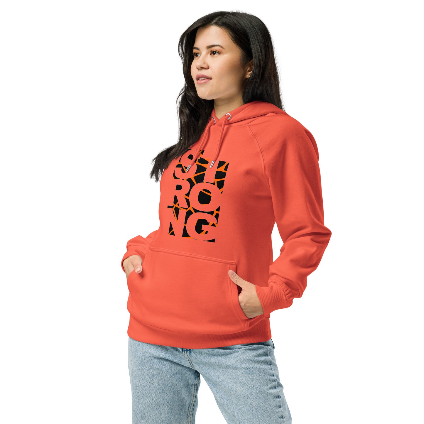Ronas Design Strong Vibe Hoodie Front View on Women Model in Burnt Orange