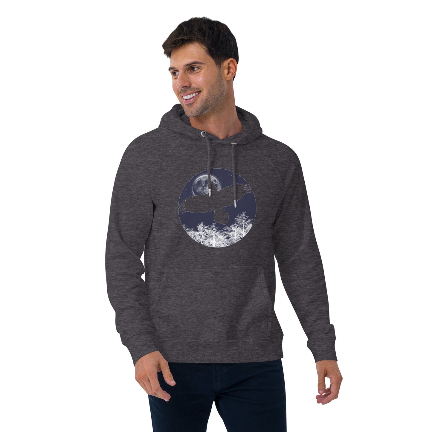 Ronas Design Midnight Moon Hoodie Front View on Men Model in Charcoal Melange