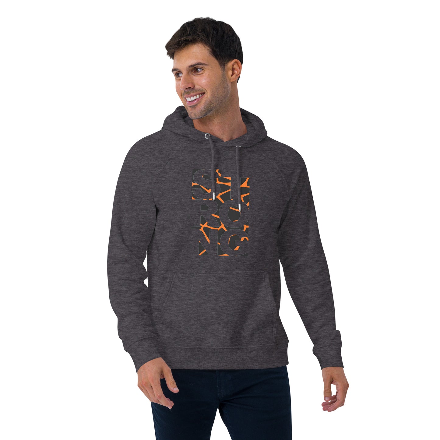 Ronas Design Strong Vibe Hoodie Front View on Men Model in Charcoal Melange