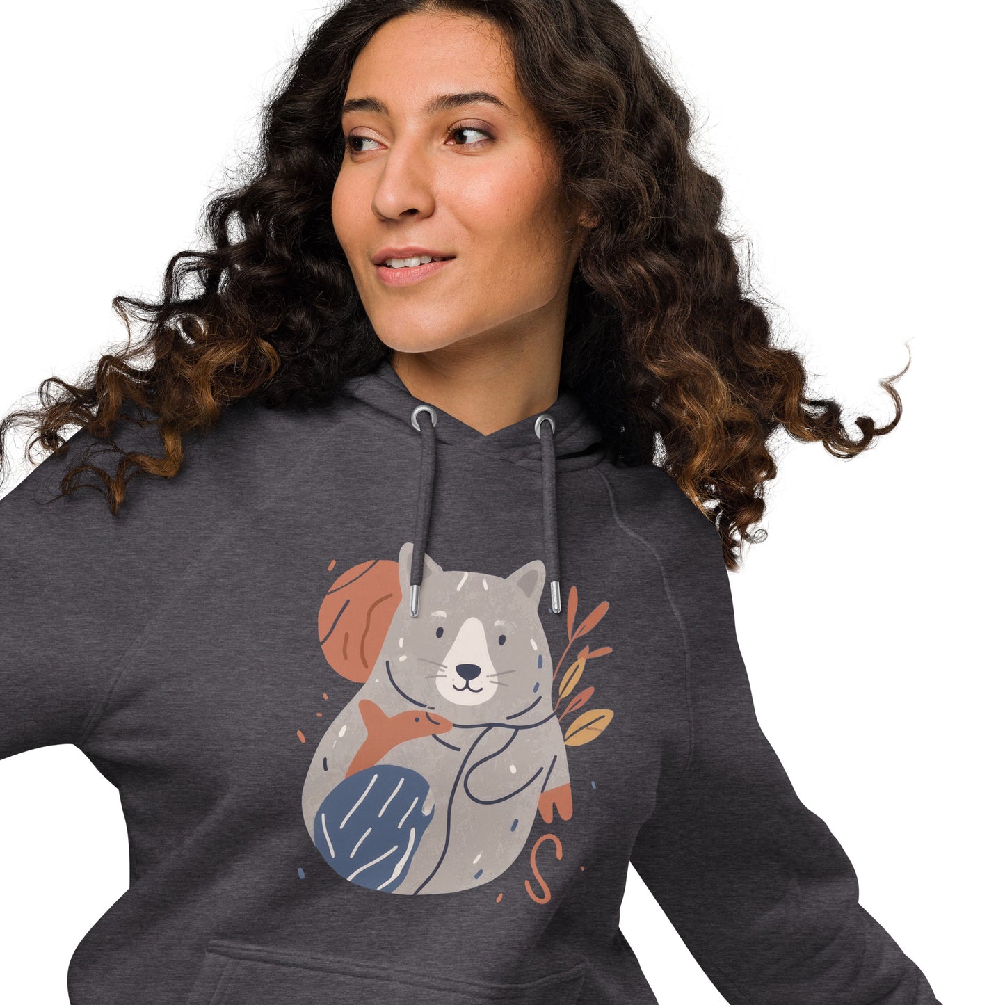 Ronas Design Cute Wombat and Friends Hoodie Front View on Women Model in Charcoal Melange