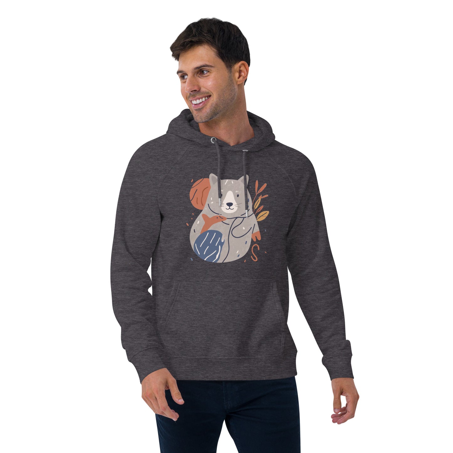 Ronas Design Cute Wombat and Friends Hoodie Front View on Men Model in Charcoal Melange