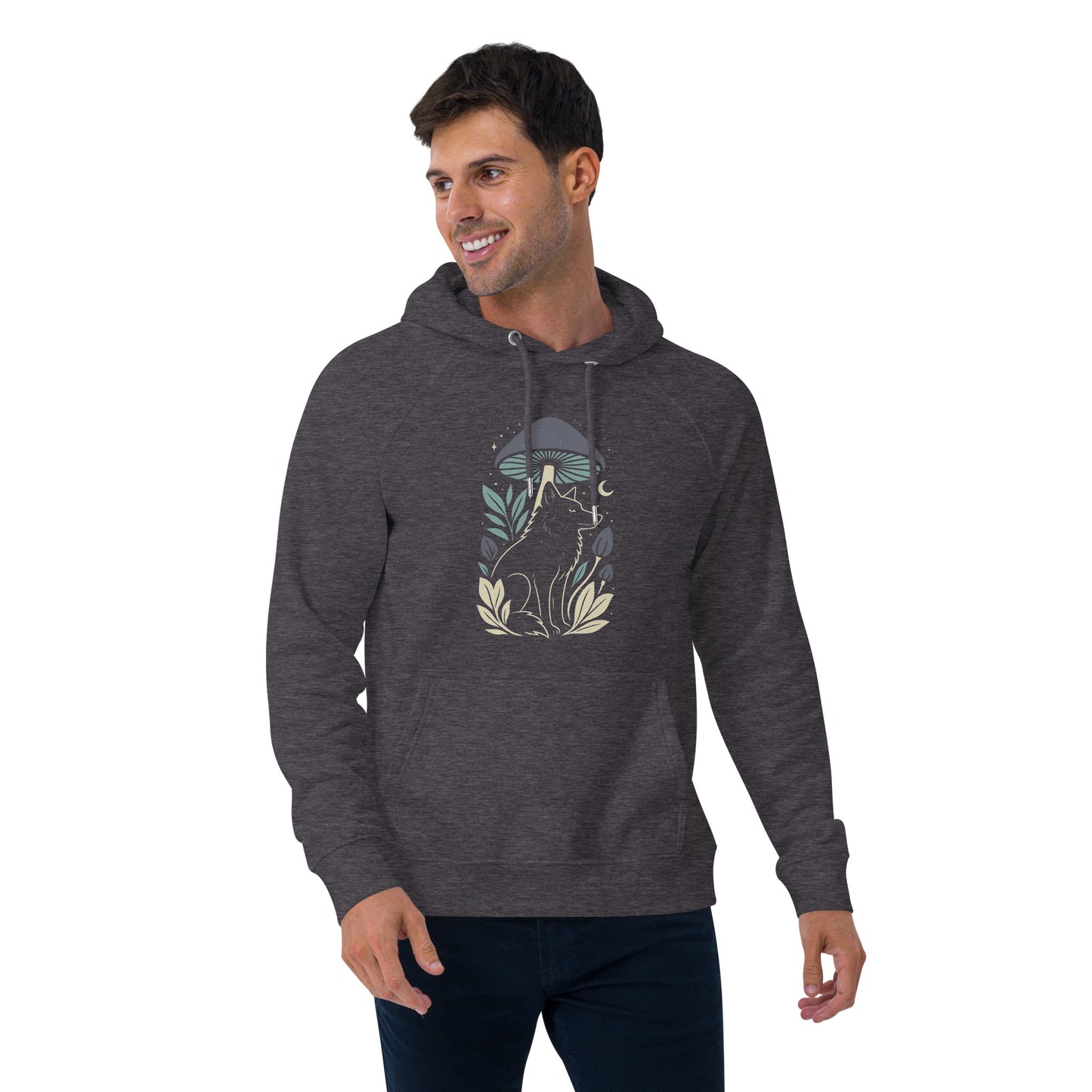 Ronas Design Mystic Wolf Hoodie Front View on Men Model in Charcoal Melange
