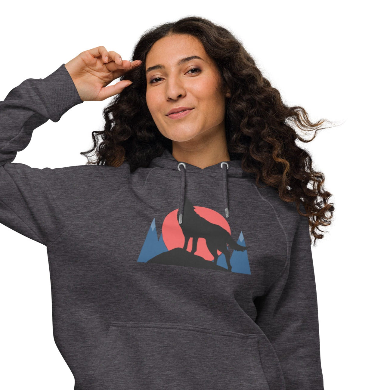 Ronas Design Sunset Wolf Howl Hoodie Front View on Women Model in Charcoal Melange