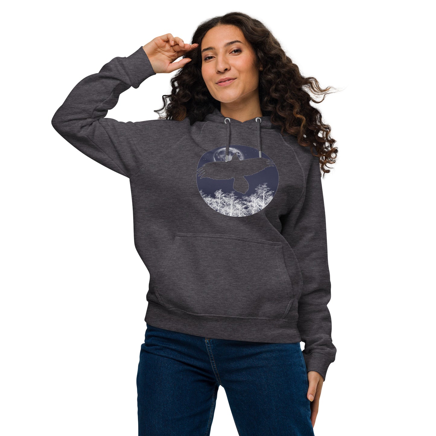 Ronas Design Midnight Moon Hoodie Front View on Women Model in Charcoal Melange