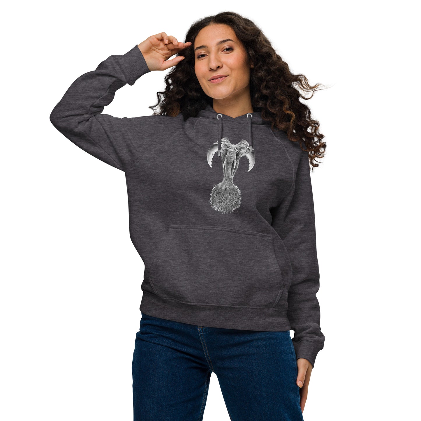 Ronas Design Elephant Ascend Hoodie Front View on Women Model in Charcoal Melange