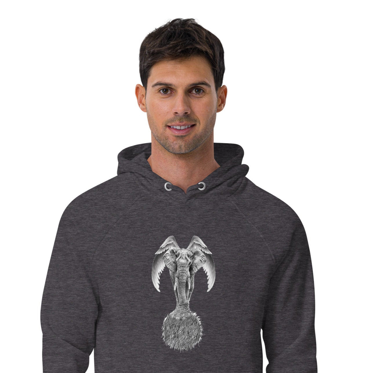 Ronas Design Elephant Ascend Hoodie Front View on Men Model in Charcoal Melange