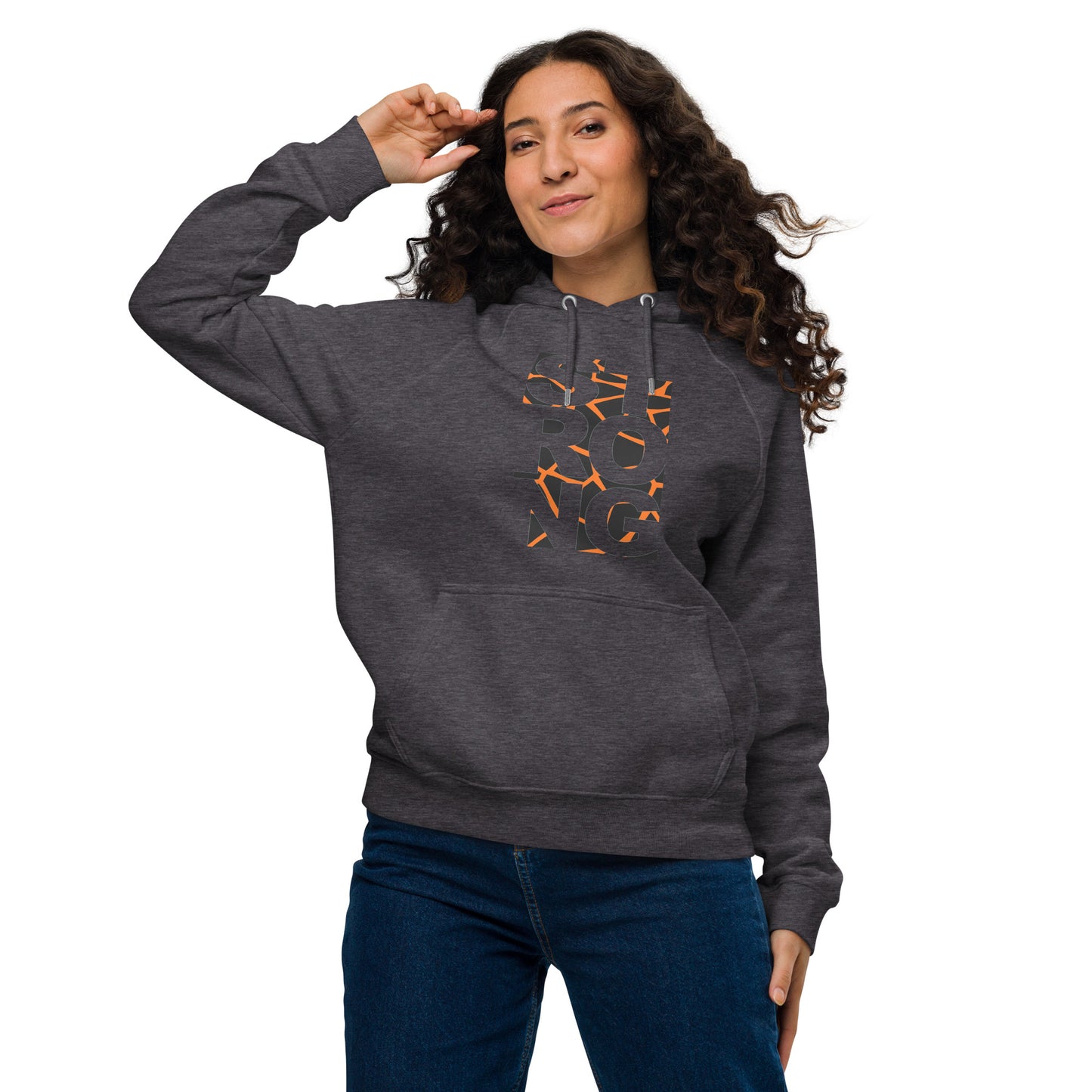 Ronas Design Strong Vibe Hoodie Front View on Women Model in Charcoal Melange