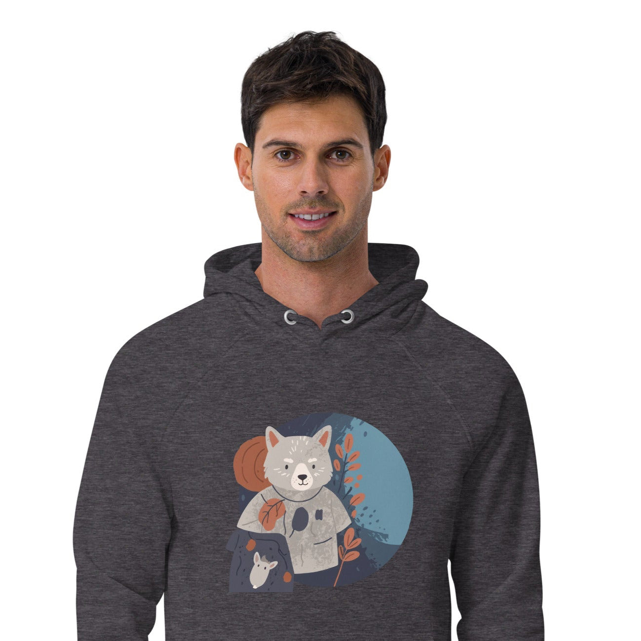 Ronas Design Wombat Explorer Hoodie Front View on Men Model in Charcoal Melange