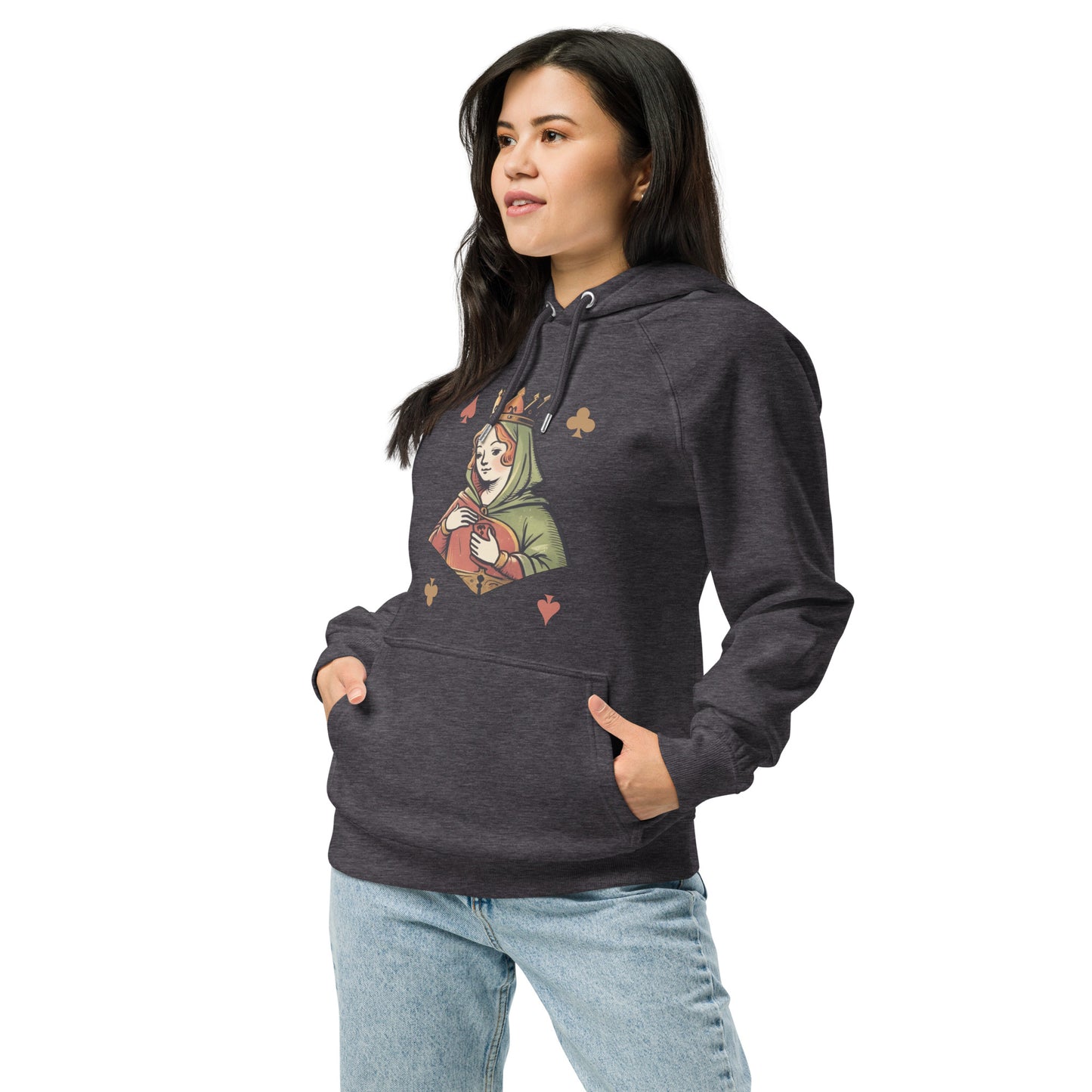 Ronas Design Queen of Cards Hoodie Front View on Women Model in Charcoal Melange