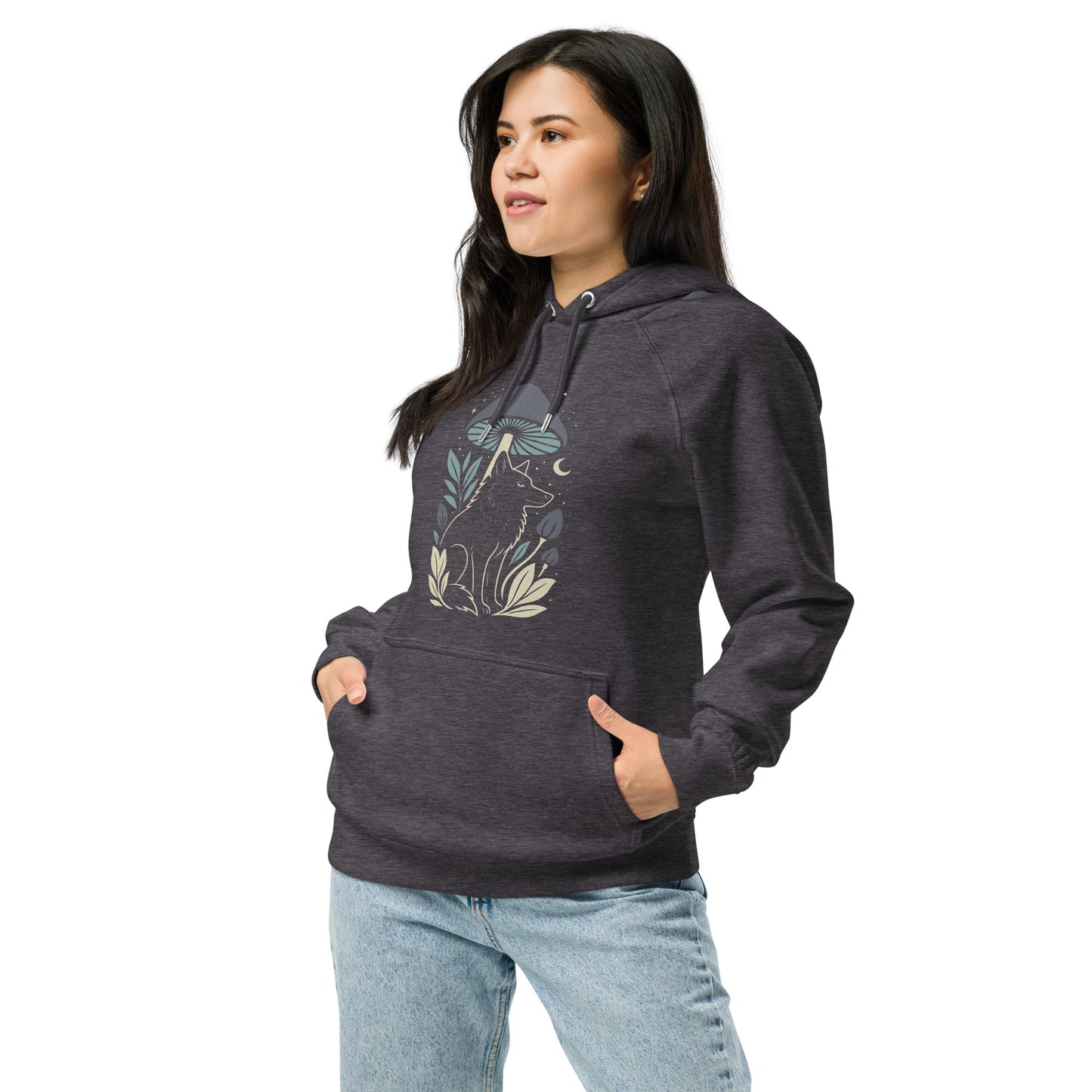 Ronas Design Mystic Wolf Hoodie Front View on Women Model in Charcoal Melange