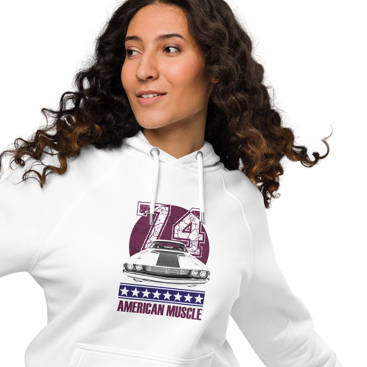 Ronas Design American Muscle Hoodie Front View on Women Model in White