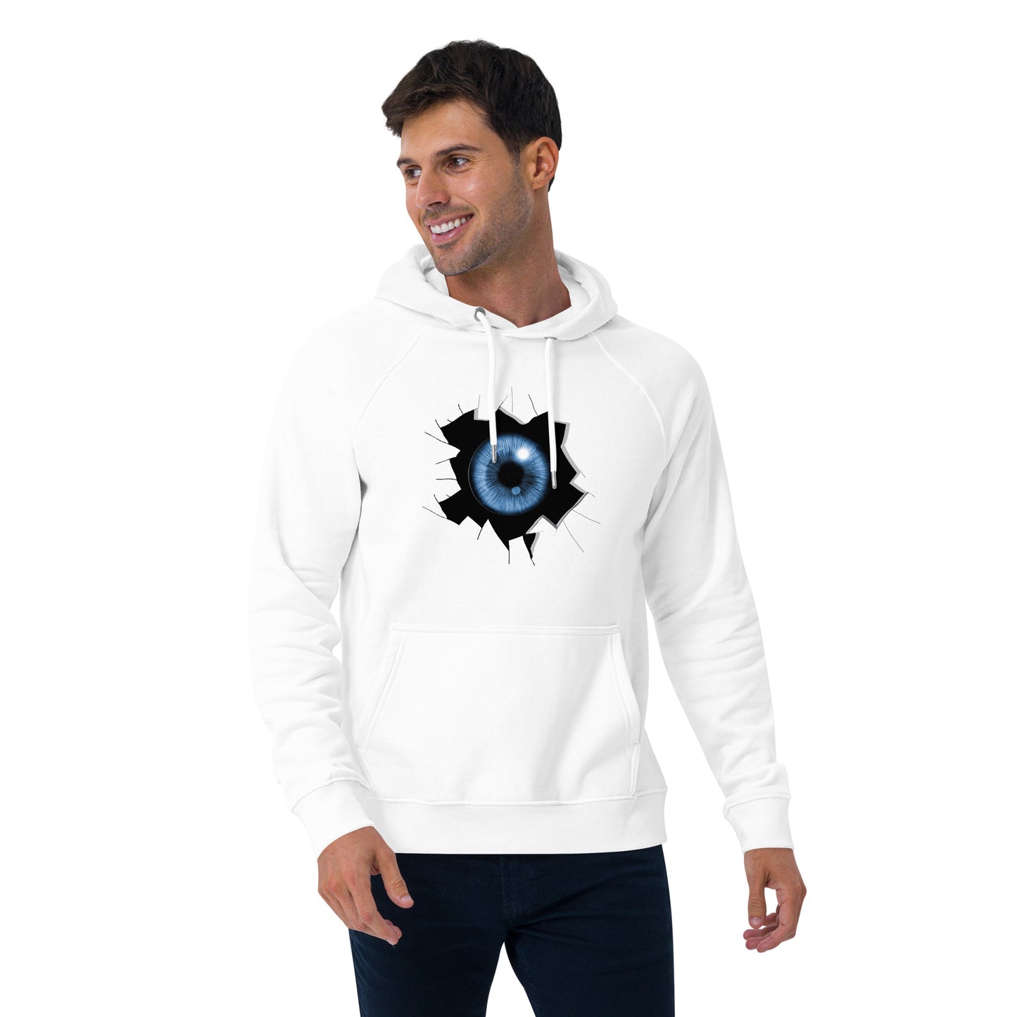 Ronas Design Cracked Reality Eye Hoodie Front View on Men Model in White