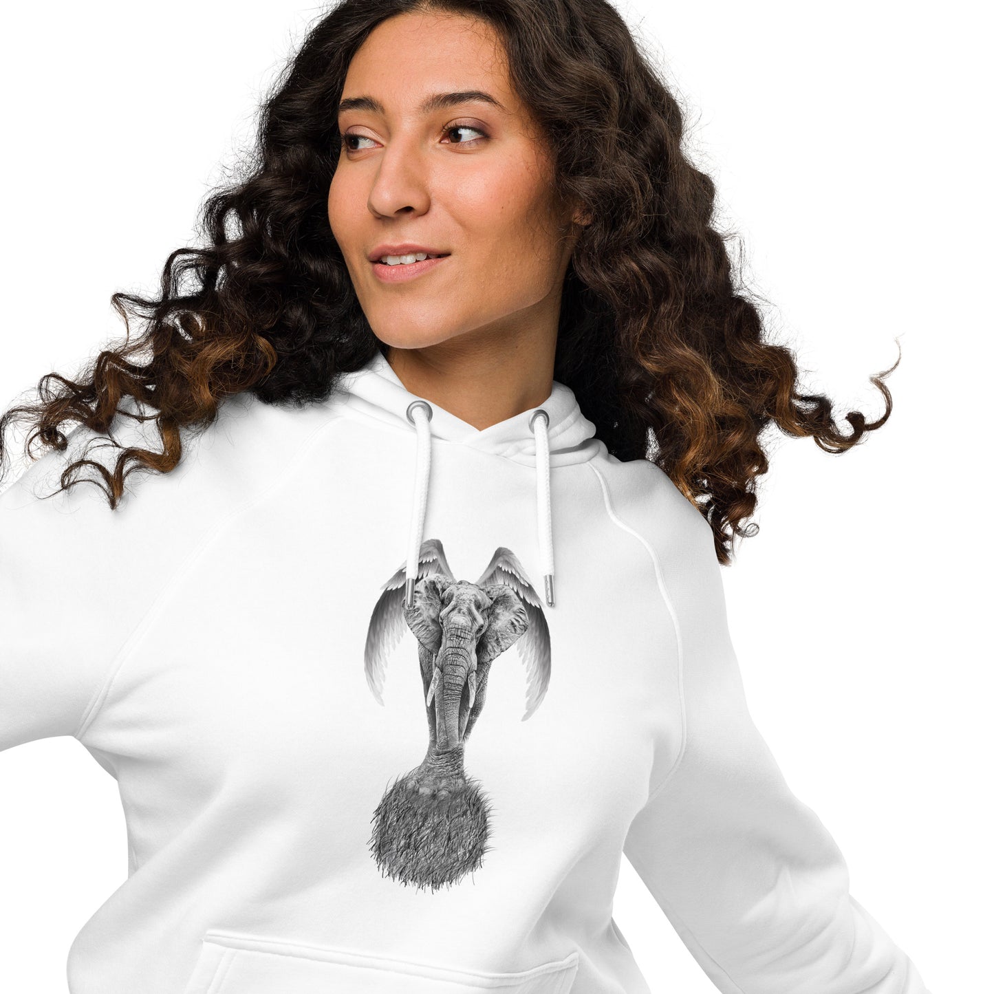 Ronas Design Elephant Ascend Hoodie Front View on Women Model in White