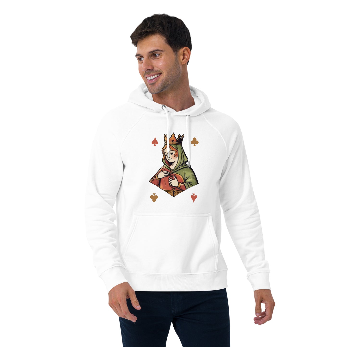 Ronas Design Queen of Cards Hoodie Front View on Men Model in White